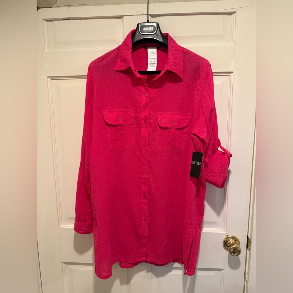 Ralph Lauren NWT Size XL Bright Pink Long Adjustable Sleeve Beach Cover-up - Picture 1 of 11